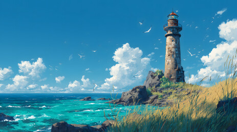 盛夏海边的旧灯塔
