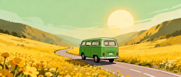 春日花海公路旅行插画背景