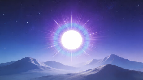 发光圆形天体与雪山夜空