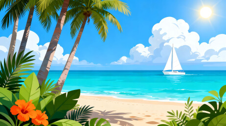 热带海滩帆船风景画
