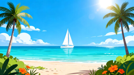 热带海滩帆船风景画