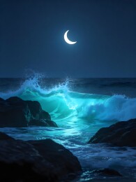 夜月海浪岩石