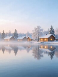 冬日湖畔木屋雪景