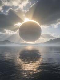 海上巨型圆形天体与山脉云层景观