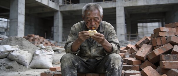 建筑工地上的劳动者用餐