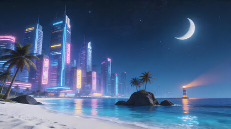 霓虹高楼与金月夜景