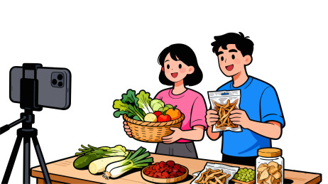 卡通风男女主播带货场景直播拍摄插画