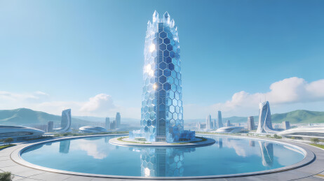 蓝色几何喷泉与城市天际线