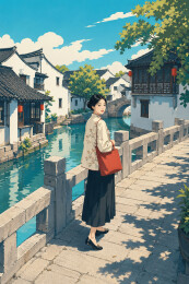 正午石桥下的新中式旅人