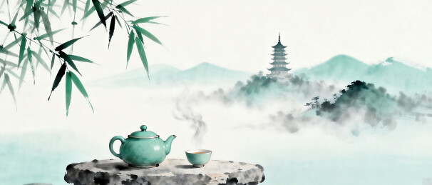 水墨茶香古塔远山图