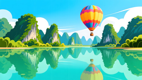 旅游度假热气球飞越山水唯美景观插画