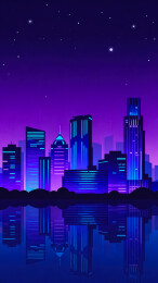 霓虹夜景都市水面倒影插画