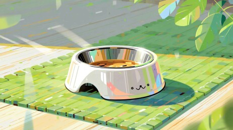 猫咪的水碗与竹席