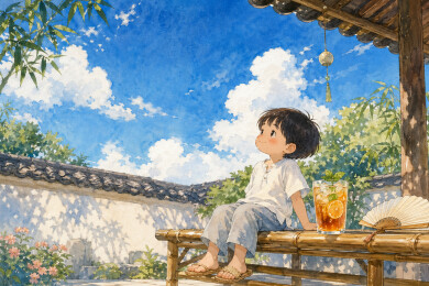 蓝天下小孩喝冰茶