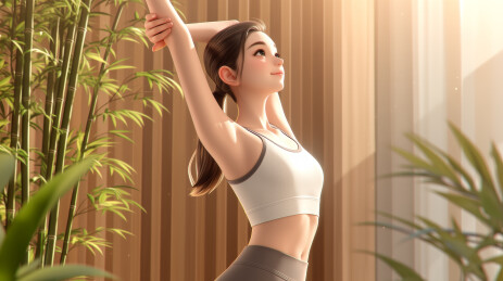 年轻女子在竹林旁做伸展运动