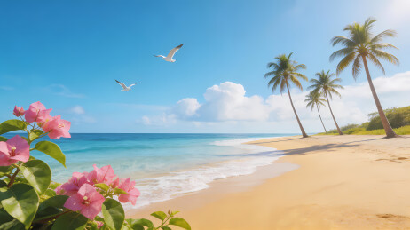 沙滩粉花与热带海景
