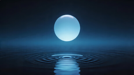 悬浮白球映幽蓝水面