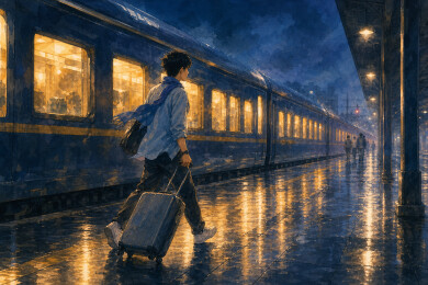 夜站台蓝围巾旅人