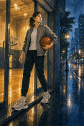 女球员雨夜抱球