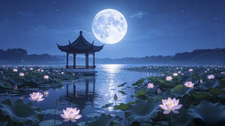 月夜荷塘湖心古亭