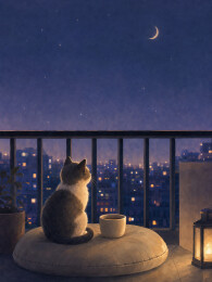 蓝夜小猫阳台望月