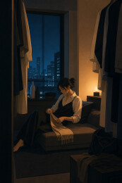 夜窗旁黑裙女子独坐