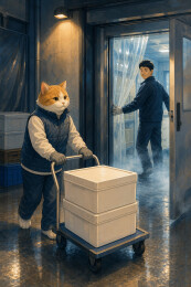 冷库门口推送冷链箱的拟人猫