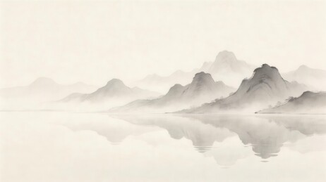 水墨山水画静谧山峦倒影