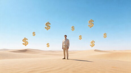 沙漠中站立的男子与金色符号