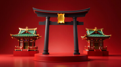 红色背景下的日式建筑模型展示