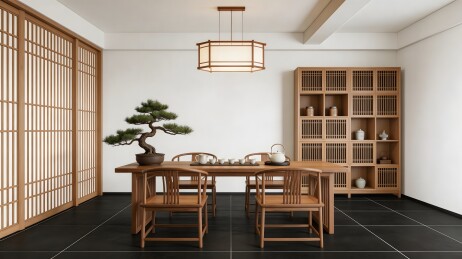 日式风格茶室木质桌椅与盆景陈设