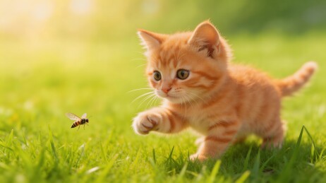 橘色小猫在草地上追逐飞虫