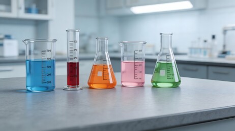 实验室台面上排列的五种彩色液体玻璃器皿
