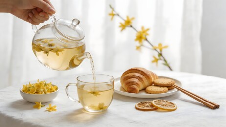 手执玻璃茶壶倾倒茉莉花茶配点心