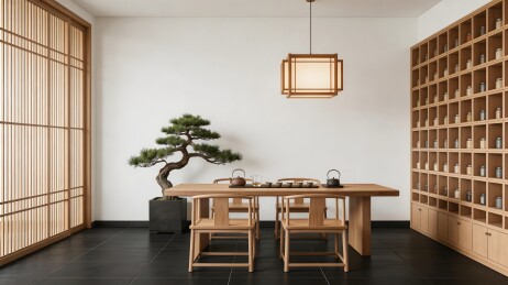 木质茶室空间布置含盆景与茶具陈设
