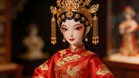 红色戏服凤纹刺绣古装人偶特写