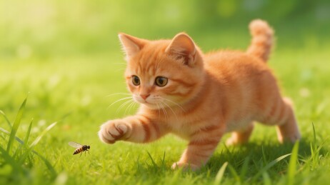 橘色小猫在草地上扑向飞虫
