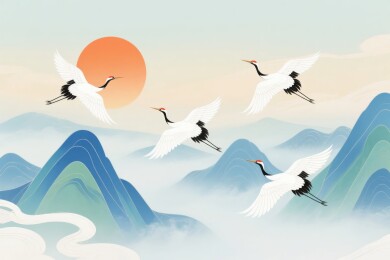 仙鹤飞翔于山水之间