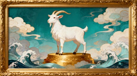 金色画框中的海浪白羊插画