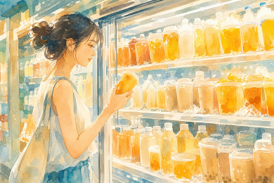 冷柜前挑选冰茶