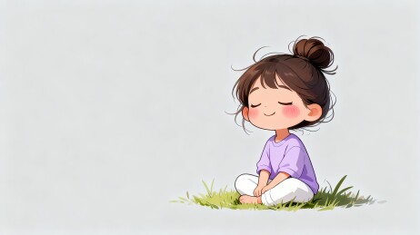 卡通女孩静坐草丛闭目养神