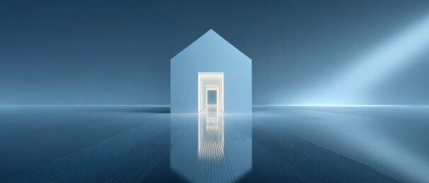 暗夜水面上的发光小屋倒影
