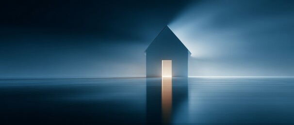 暗夜水面上的发光小屋倒影