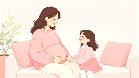 二胎家庭孕妇母女温馨插画
