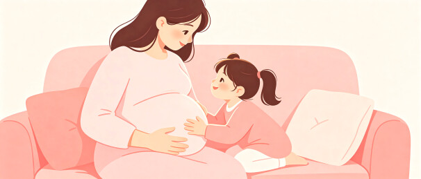 二胎家庭孕妇母女温馨插画