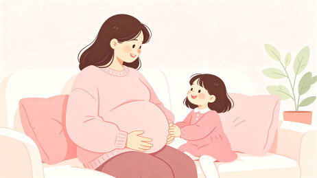 二胎家庭孕妇母女温馨插画