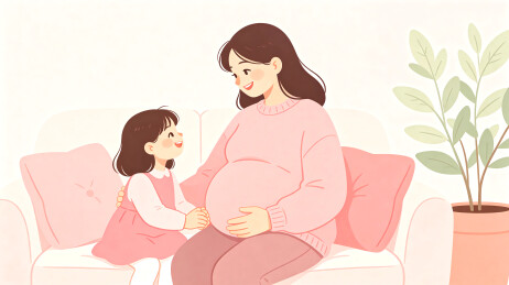 二胎家庭孕妇母女温馨插画