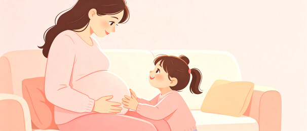二胎家庭孕妇母女温馨插画