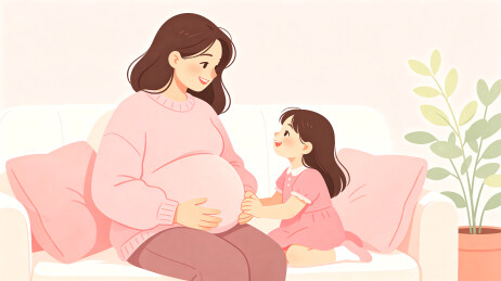 二胎家庭孕妇母女温馨插画