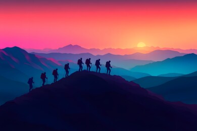 登山爱好者在壮丽山景中攀登